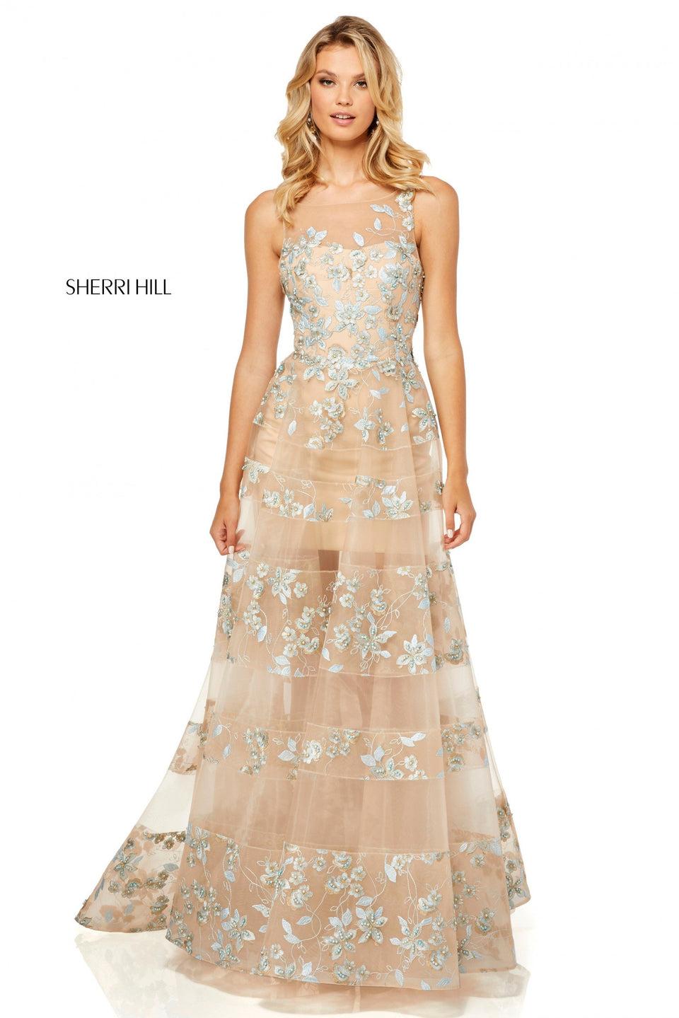 sherri hill Flower appliqued A-line gown with sheer skirt