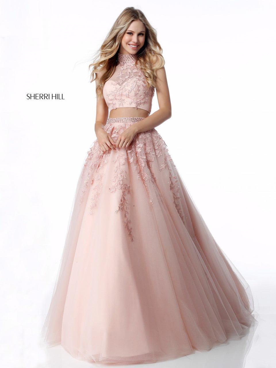 Sherri Hill Flower Appliqued Two Piece With Beaded High Neck Bodice And Ball Gown Skirt With Beaded Belt