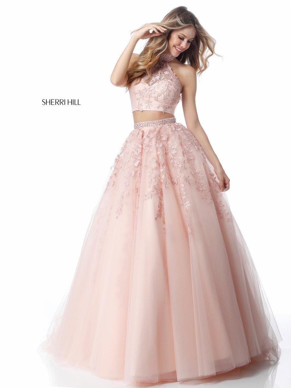 Sherri Hill Flower Appliqued Two Piece With Beaded High Neck Bodice And Ball Gown Skirt With Beaded Belt
