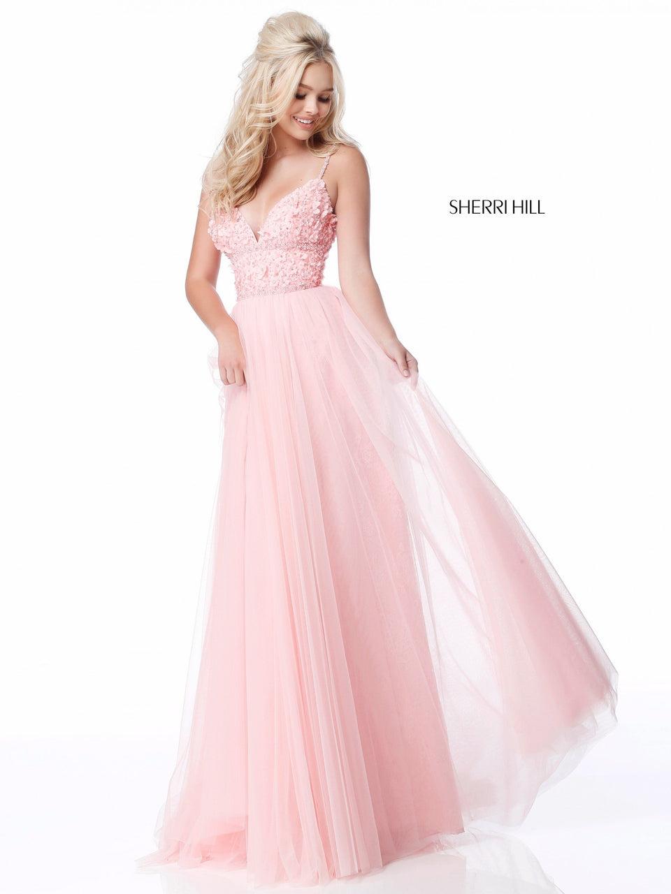 sherri hill Flower appliqued V neck bodice with tulle skirt