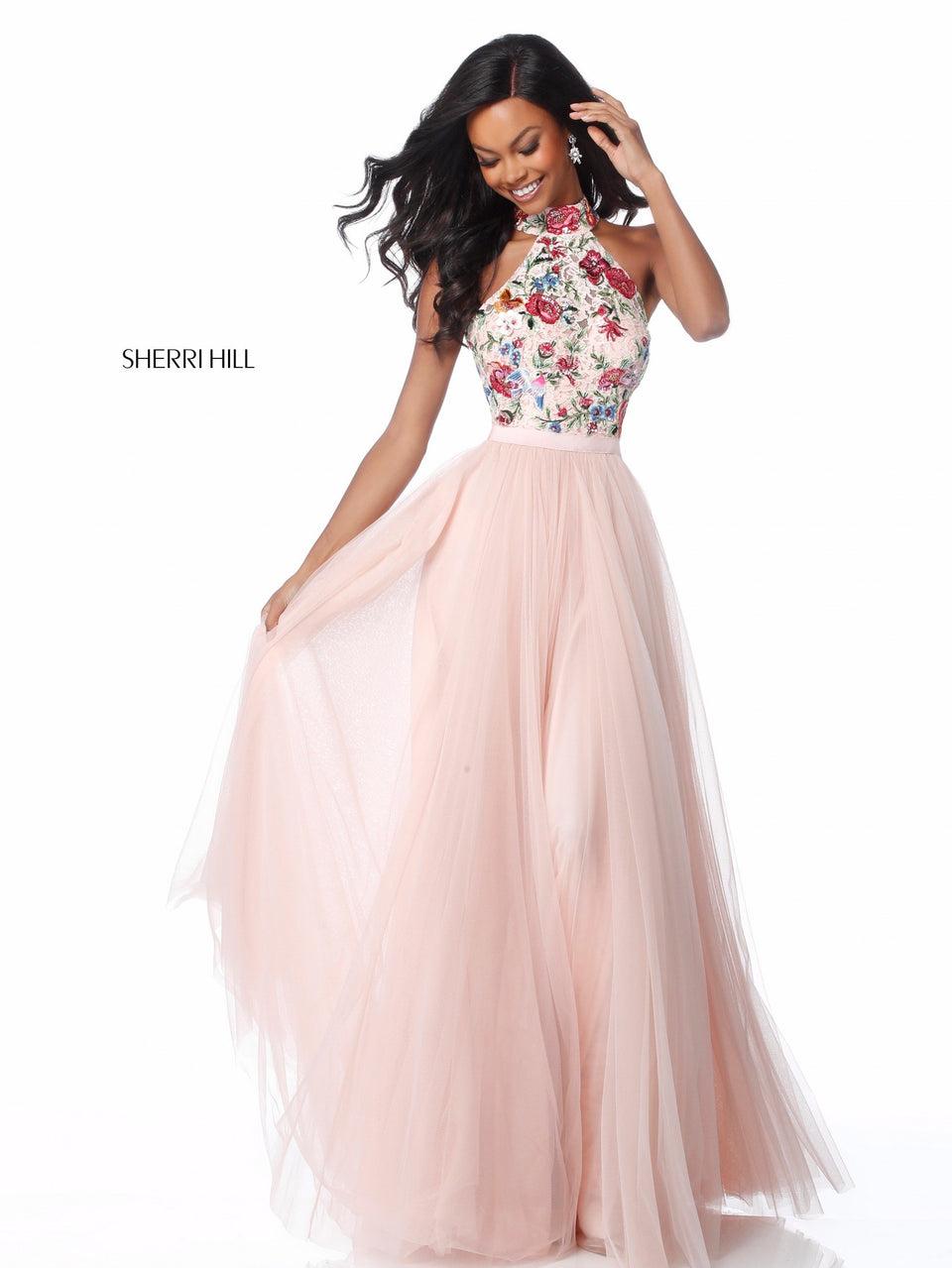 Sherri Hill Flower Embroidered High Neck Bodice With Cut Out Back And Chiffon Skirt