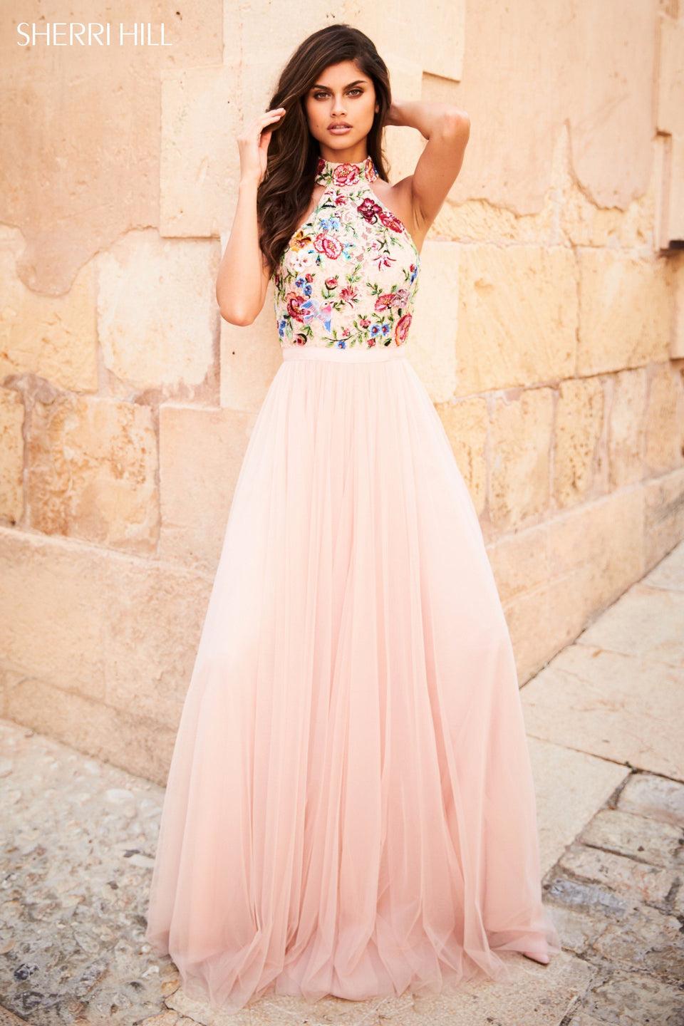 sherri hill Flower embroidered high neck bodice with cut out back and chiffon skirt