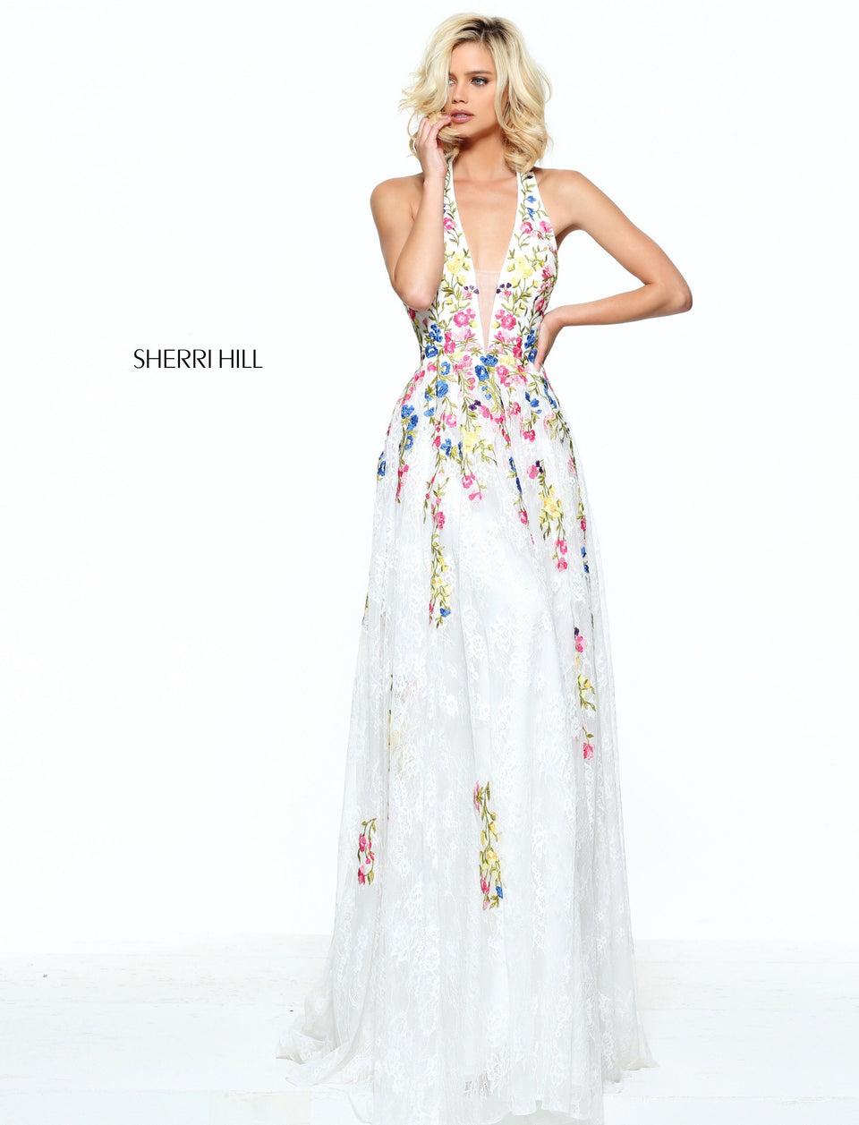 sherri hill Flower embroidered lace A-line gown with a deep V halter bodice