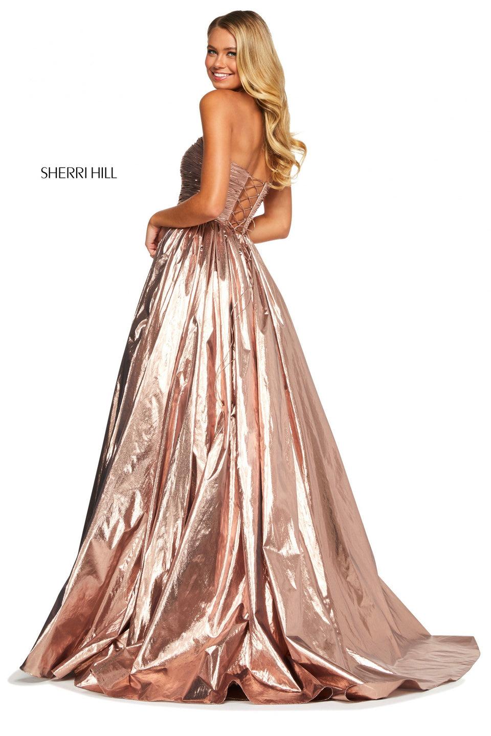 Sherri Hill Foil Lame Strapless Ball Gown With Ruched Bodice