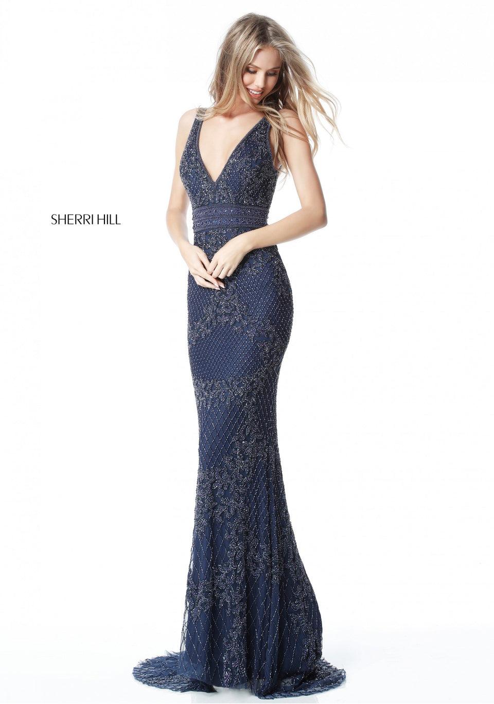 Sherri Hill Fully Beaded Fitted Gown With A Train And A Beaded Waistband