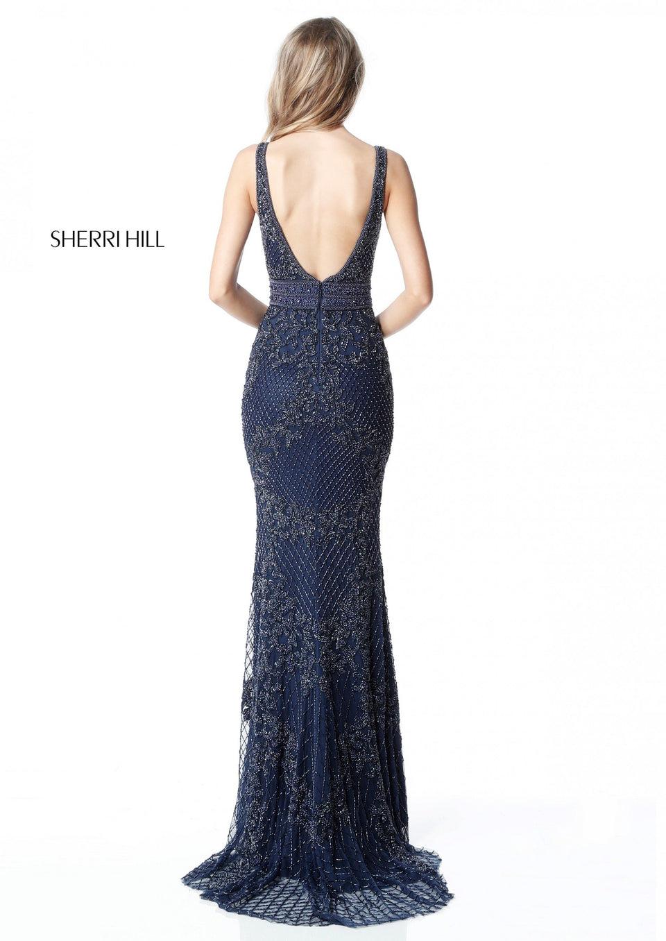 Sherri Hill Fully Beaded Fitted Gown With A Train And A Beaded Waistband