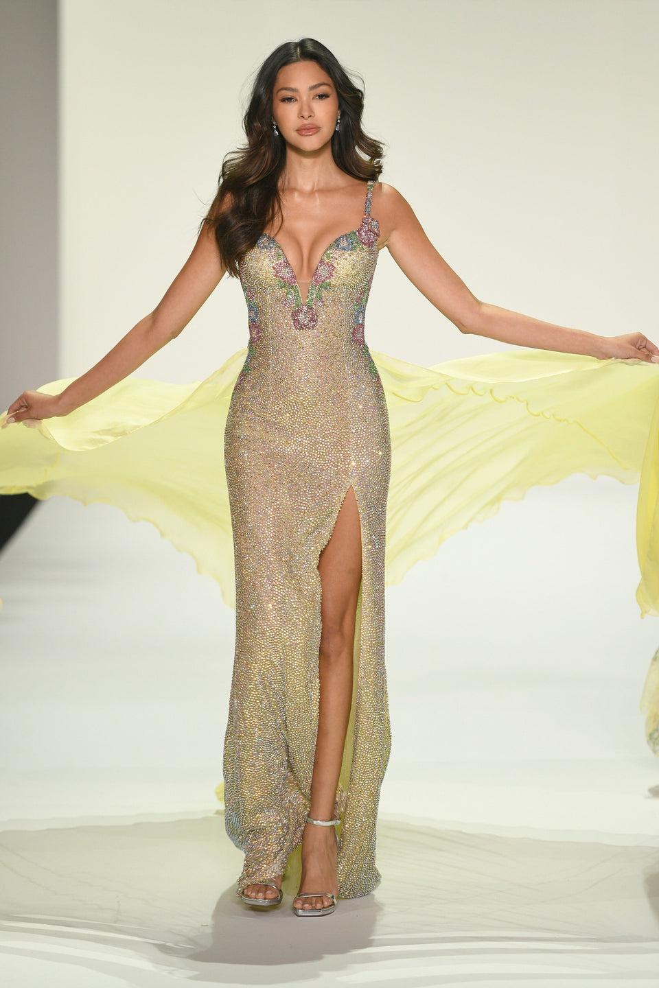 Sherri Hill Fully Beaded Fitted Gown With Deep V Neckline Beaded Flower Embellishments Skirt Slit And Chiffon Cape