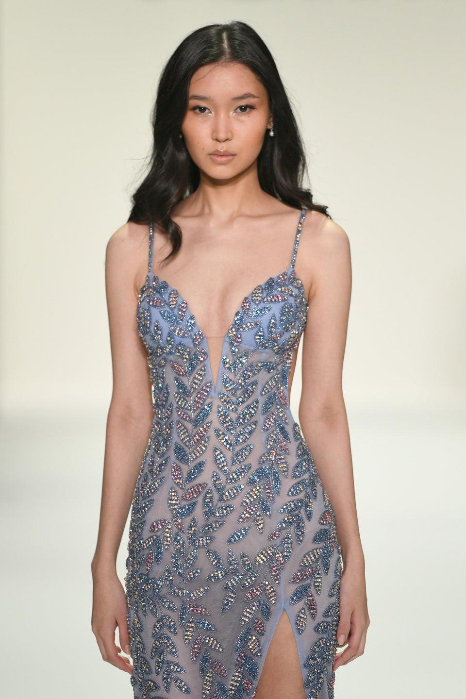 Sherri Hill Fully Beaded Fitted Gown With Plunging Deep V Neckline Skirt Slit And An Open Back