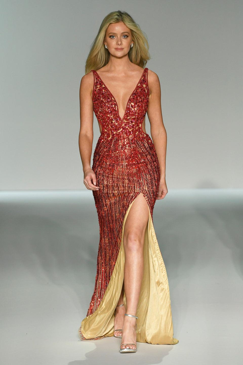 Sherri Hill Fully Beaded Fitted Gown With Side Cuts Skirt Slit And An Open Back