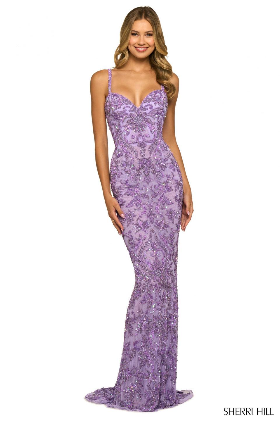 sherri hill Fully beaded fitted gown with sweetheart neckline