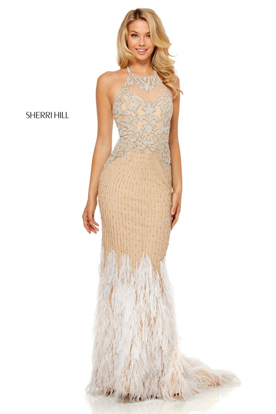 Sherri Hill Fully Beaded Gown With A Halter Neck And Lace Up Back With Feather Details On Bottom Of The Skirt