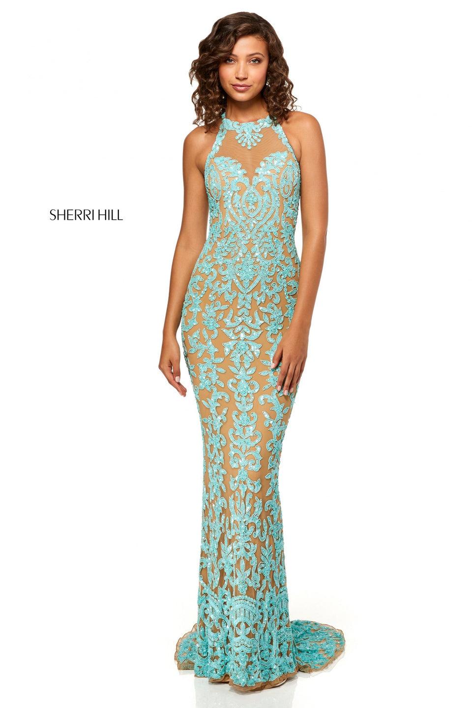 Sherri Hill Fully Beaded Gown With A High Neck Bodice And Lace Up Back