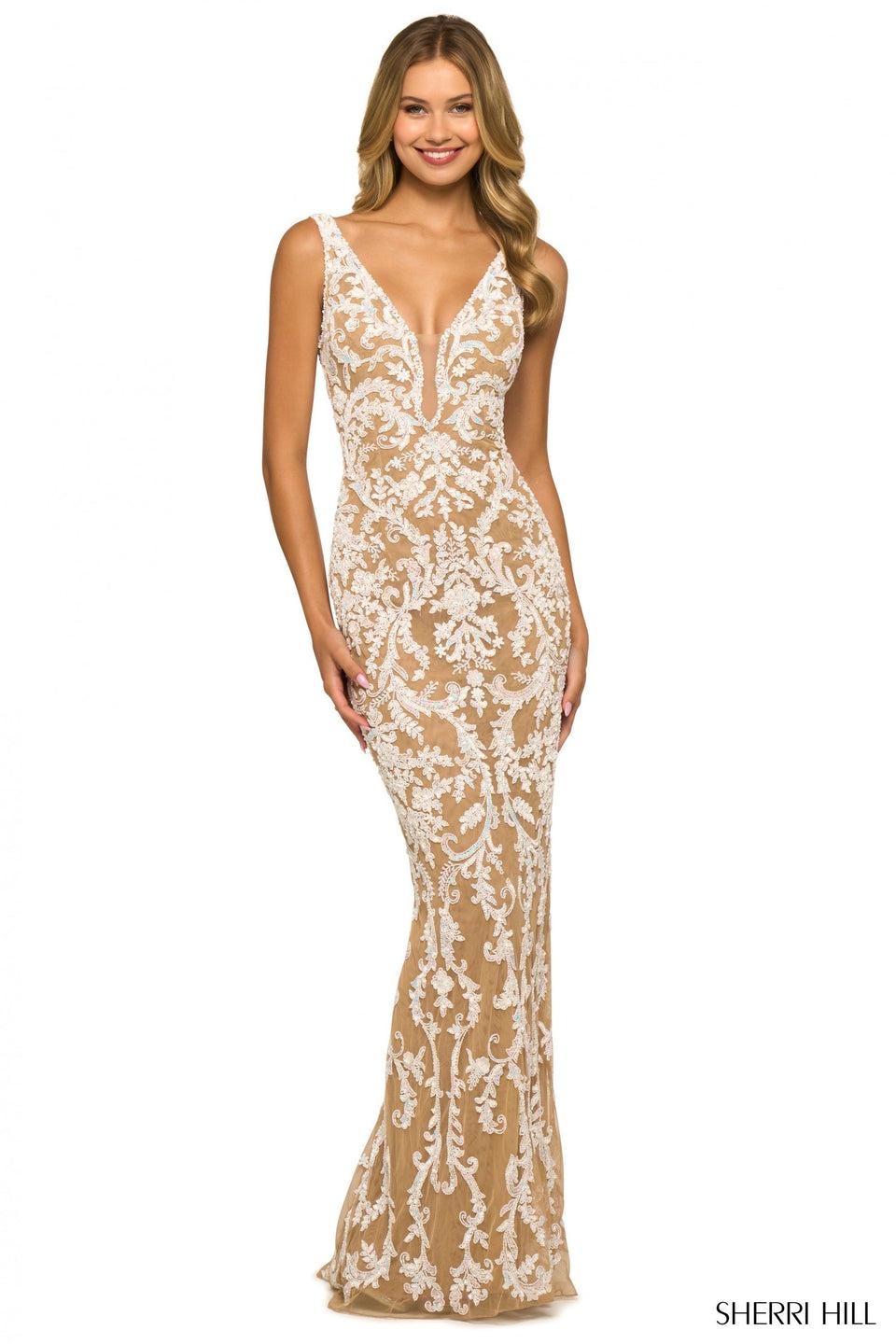 sherri hill Fully beaded gown with deep V illusion neckline sherri hill Fully beaded gown with deep V illusion neckline