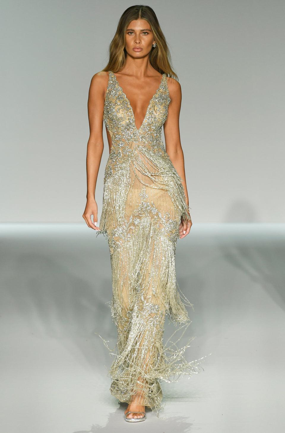 Sherri Hill Fully Beaded Gown With Deep V Neckline Fringe Skirt And An Open Back