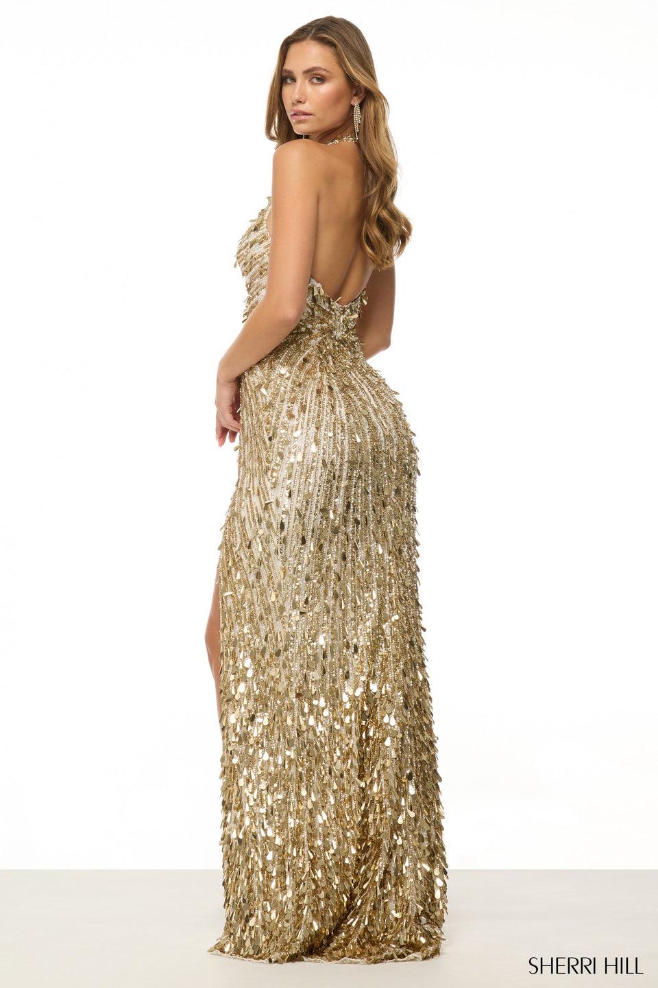 Sherri Hill Fully Beaded Halter Gown With Deep V Neckline Skirt Slit And Open Back