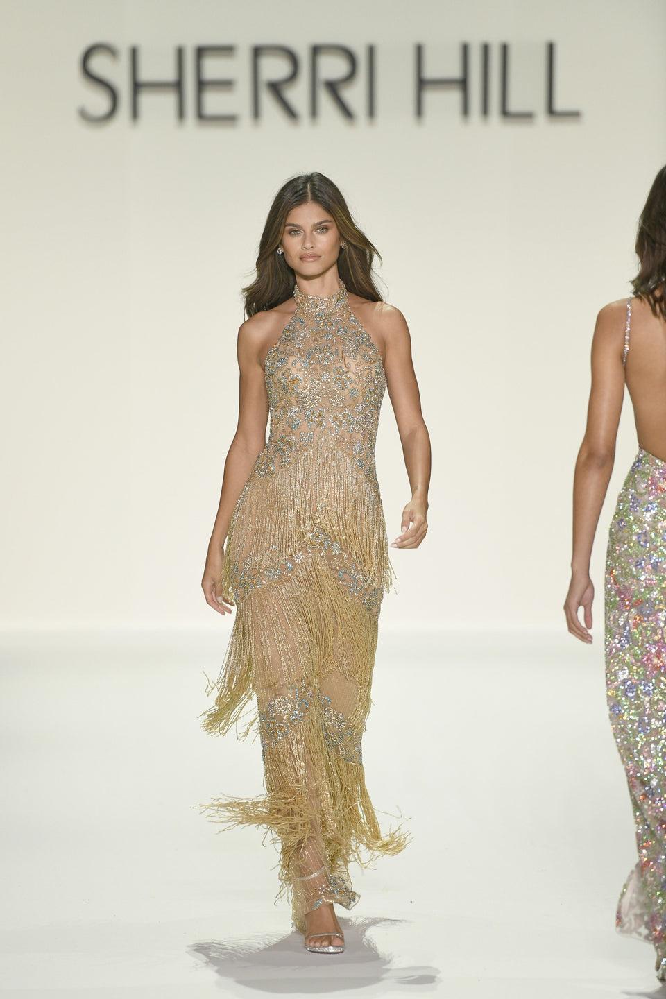 sherri hill Fully beaded halter gown with fringe layers on skirt sherri hill Fully beaded halter gown with fringe layers on skirt