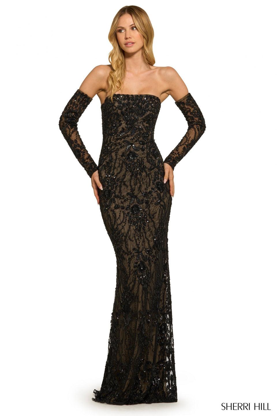 sherri hill Fully sequin beaded strapless gown with detachable removable sequin beaded sleeves