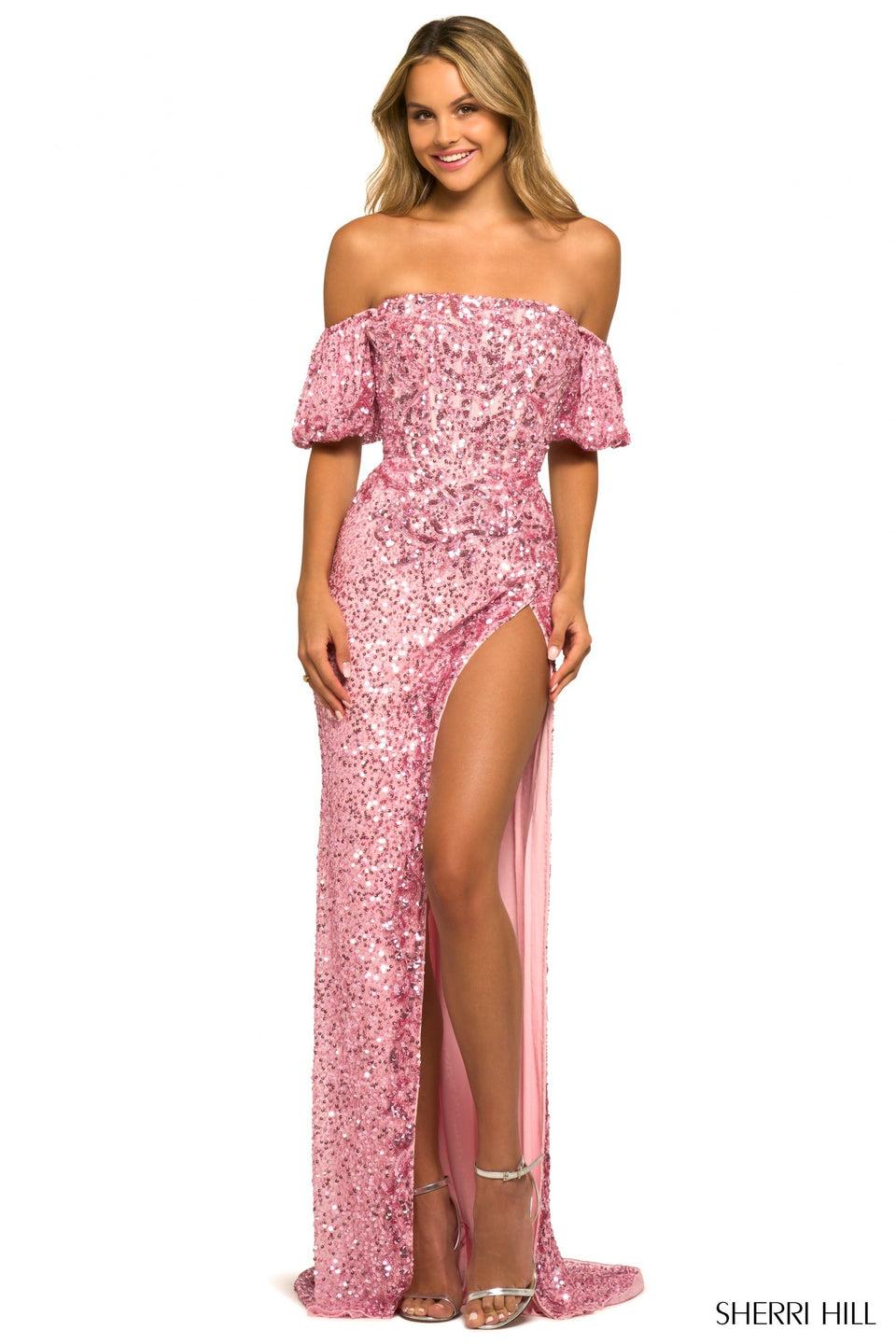 sherri hill Fully sequin gown with off the shoulder balloon sleeves and high slit
