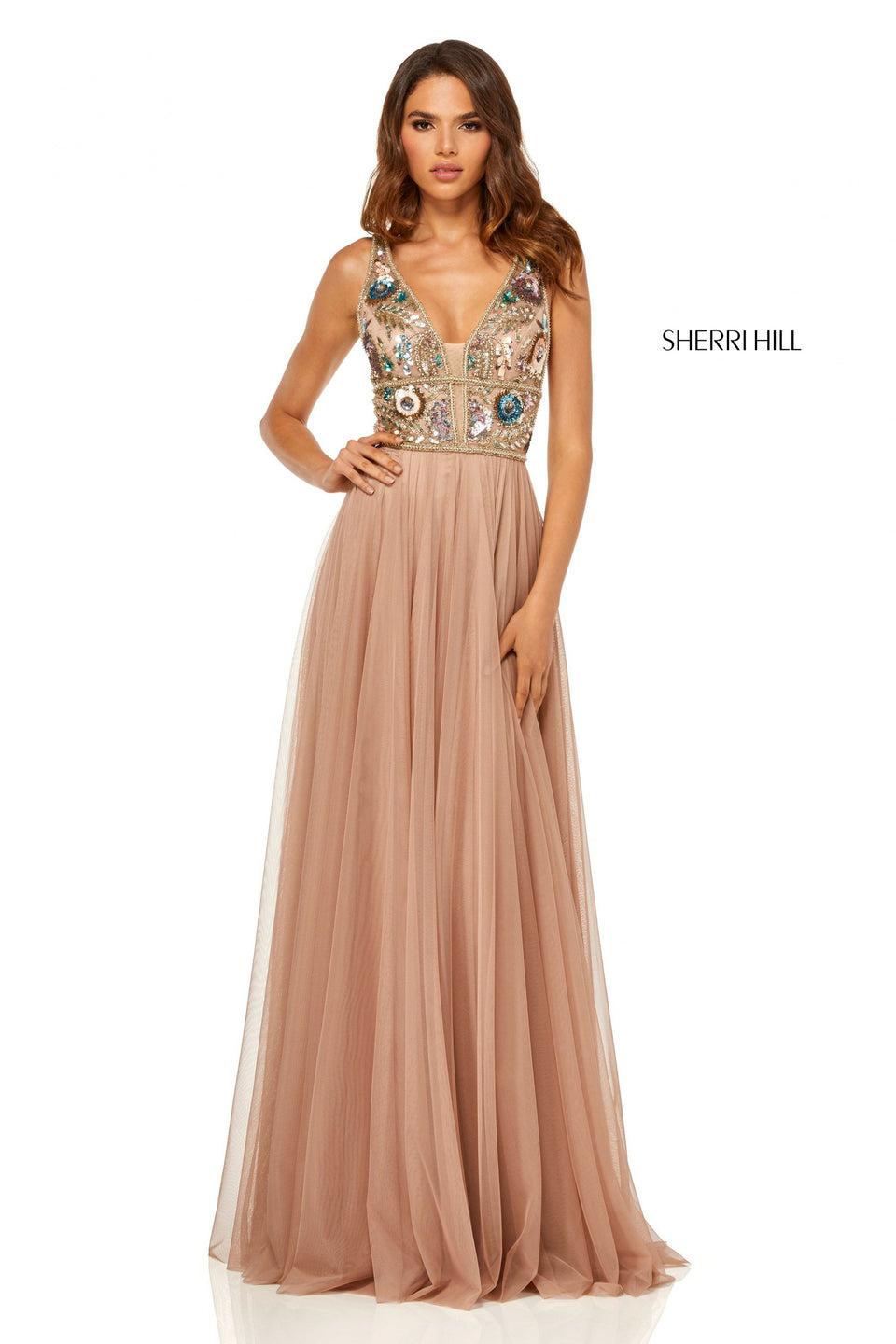 Sherri Hill Gathered Chiffon Skirt With Deep-V Beaded Bodice And Low Back