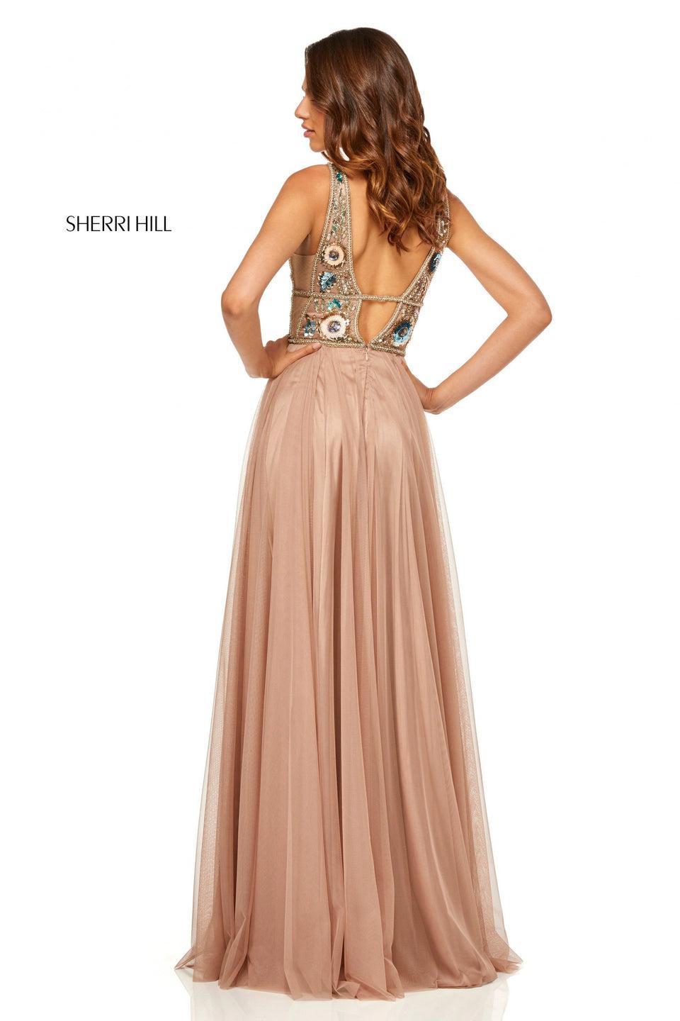 Sherri Hill Gathered Chiffon Skirt With Deep-V Beaded Bodice And Low Back
