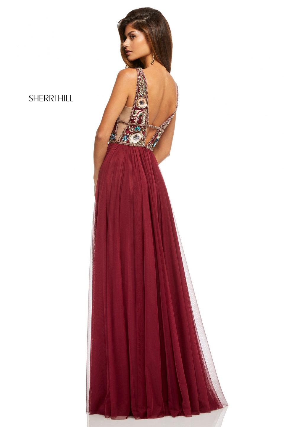 Sherri Hill Gathered Chiffon Skirt With Deep-V Beaded Bodice And Low Back