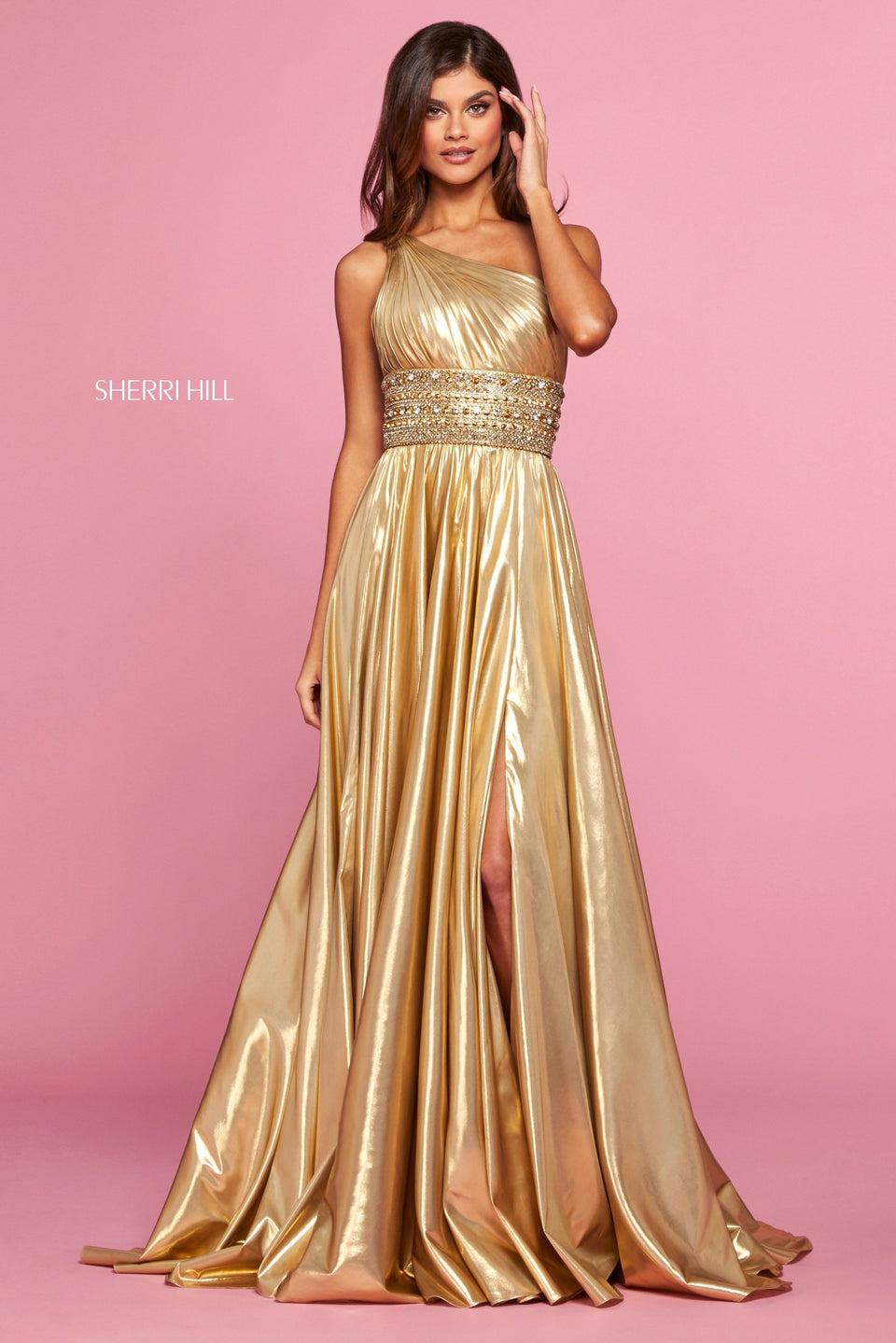 sherri hill Gathered metallic gown with slit one shoulder neckline and thick beaded waistband