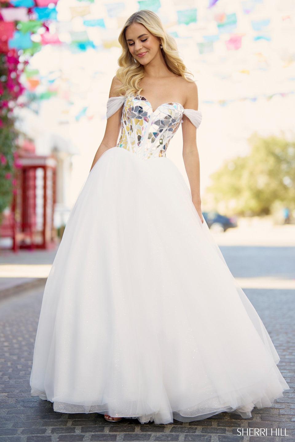 sherri hill Glass cut corset ball gown with tulle skirt and off the shoulder sleeves