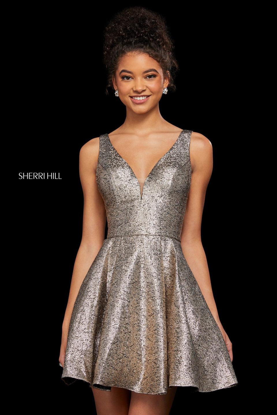 sherri hill Glitter A-line cocktail with deep V neckline