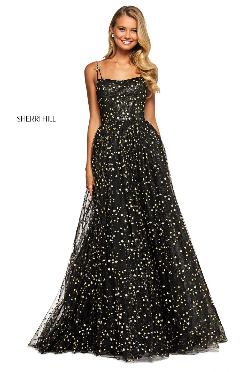 Sherri Hill Glitter And Star Pattern Tulle A-line Dress With Straight Neckline Spaghetti Straps And Jeweled Star Embellishments On Straps And Back