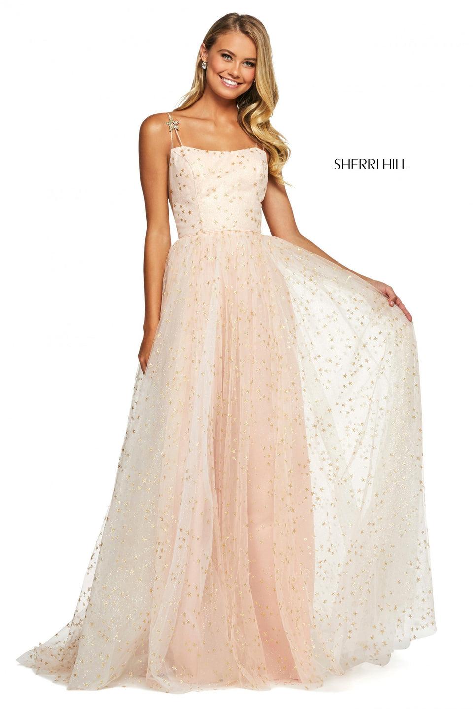 sherri hill Glitter and star pattern tulle A-line dress with straight neckline spaghetti straps and jeweled star embellishments on straps and back