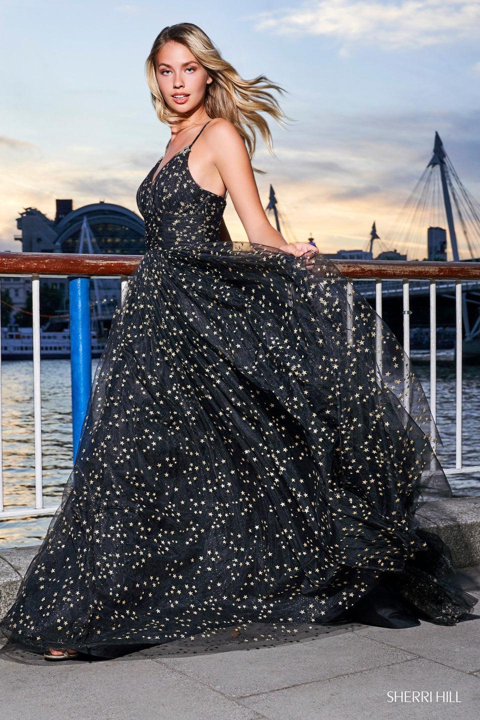 Sherri Hill Glitter And Star Print Tulle Gown With Ruched Bodice Lace Up Back And Jeweled Star Embellishments On Straps