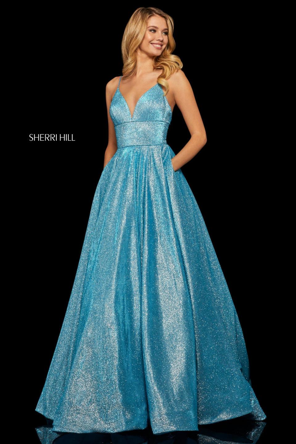 Sherri Hill Glitter Ball Gown With Deep V Sweetheart Neckline