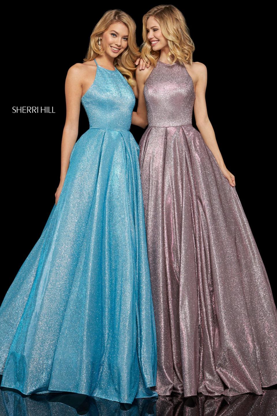 Sherri Hill Glitter Ball Gown With High Cut Halter Neckline