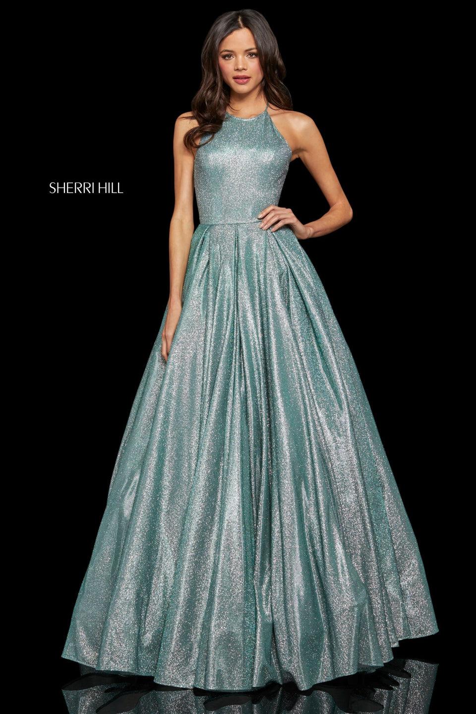 sherri hill Glitter ball gown with high cut halter neckline