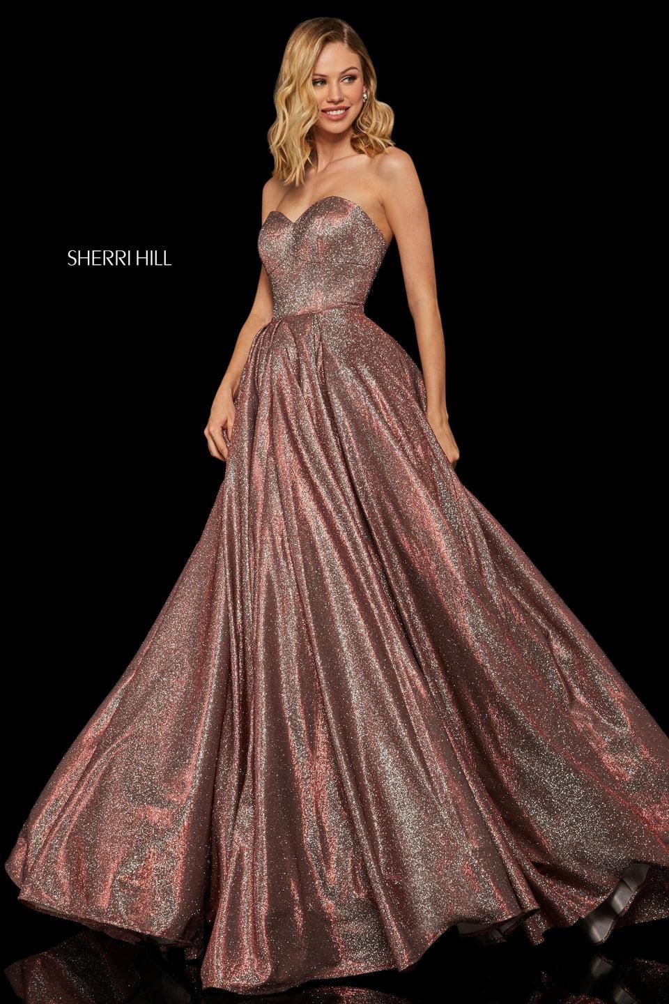 sherri hill Glitter ball gown with strapless sweetheart neckline and corset style lace up back