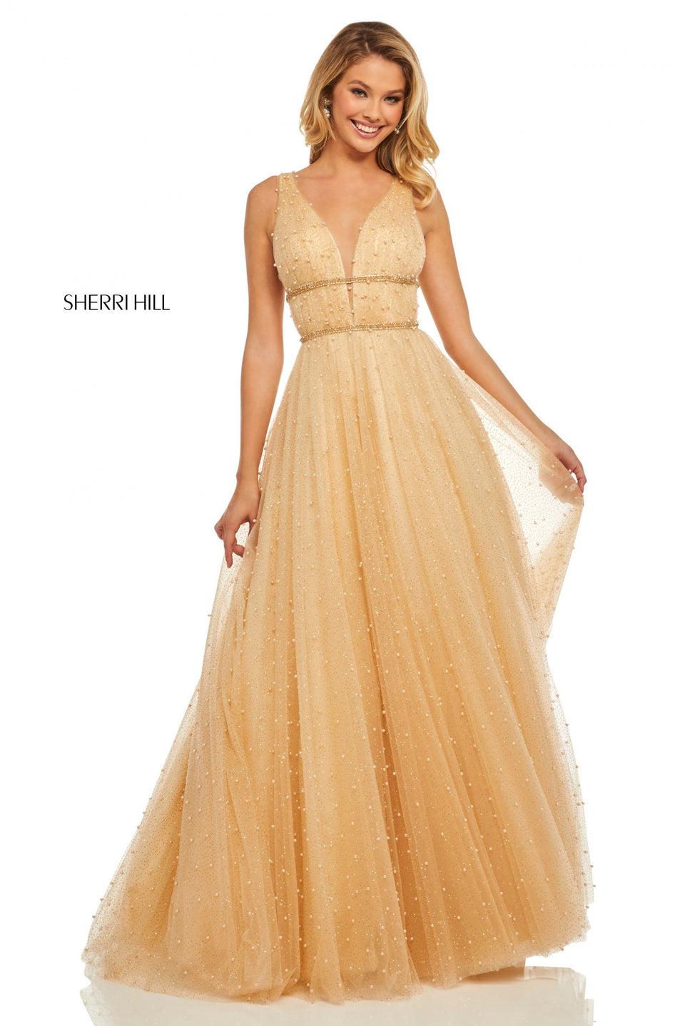sherri hill Glitter chiffon A-line with pearl beading and plunging neckline and back