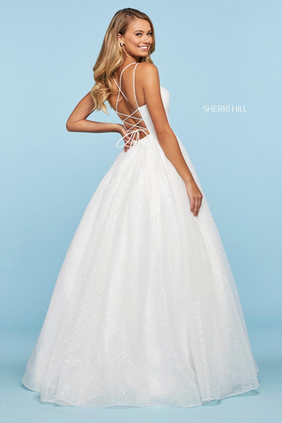 Sherri Hill Glitter Organza A-line Gown With Strappy Lace Up Back