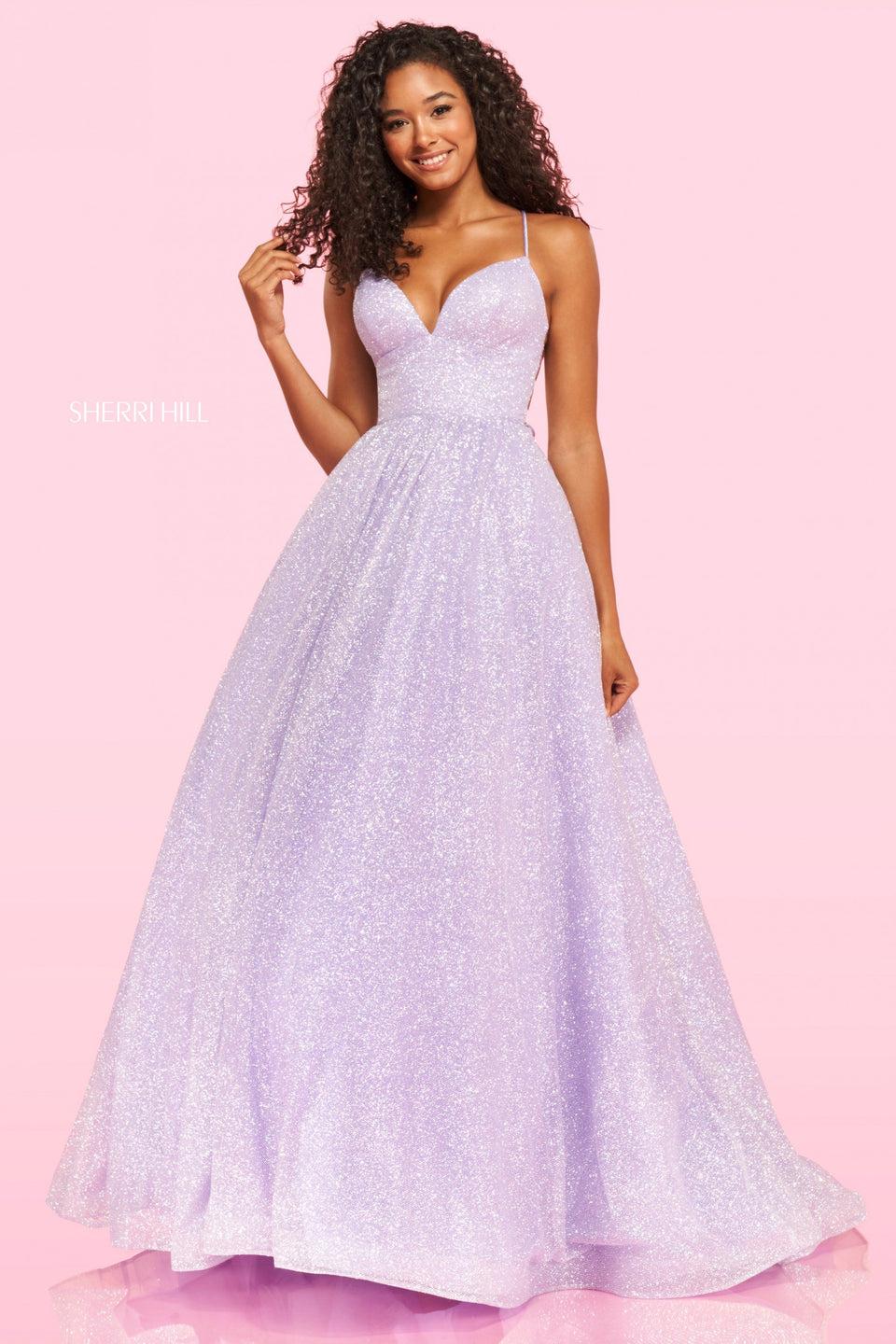 Sherri Hill Glitter Organza Ball Gown With Deep Sweetheart Neckline And Lace Up Back