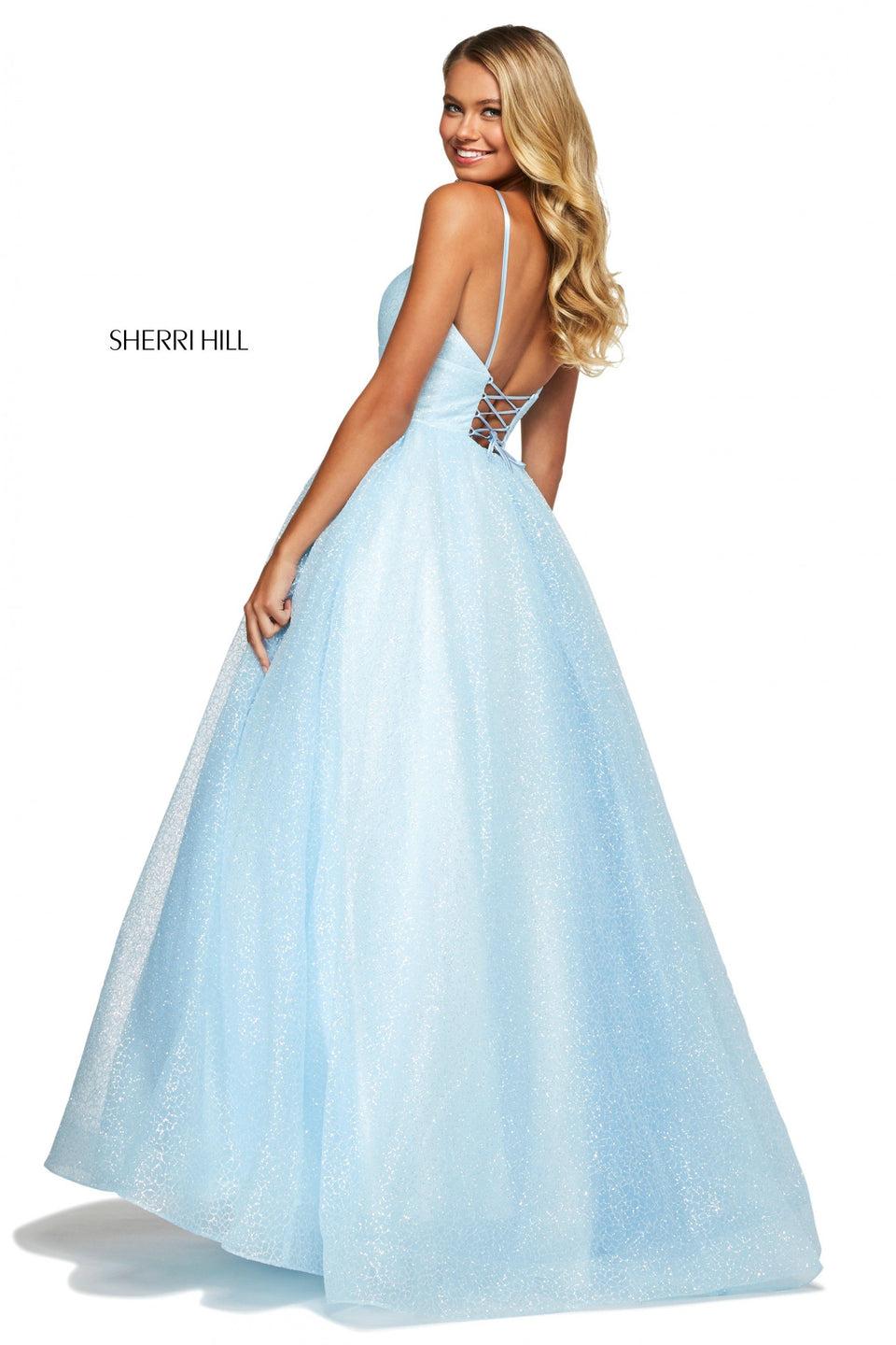 Sherri Hill Glitter Organza Ball Gown With Deep Sweetheart Neckline And Corset Style Lace Up Back