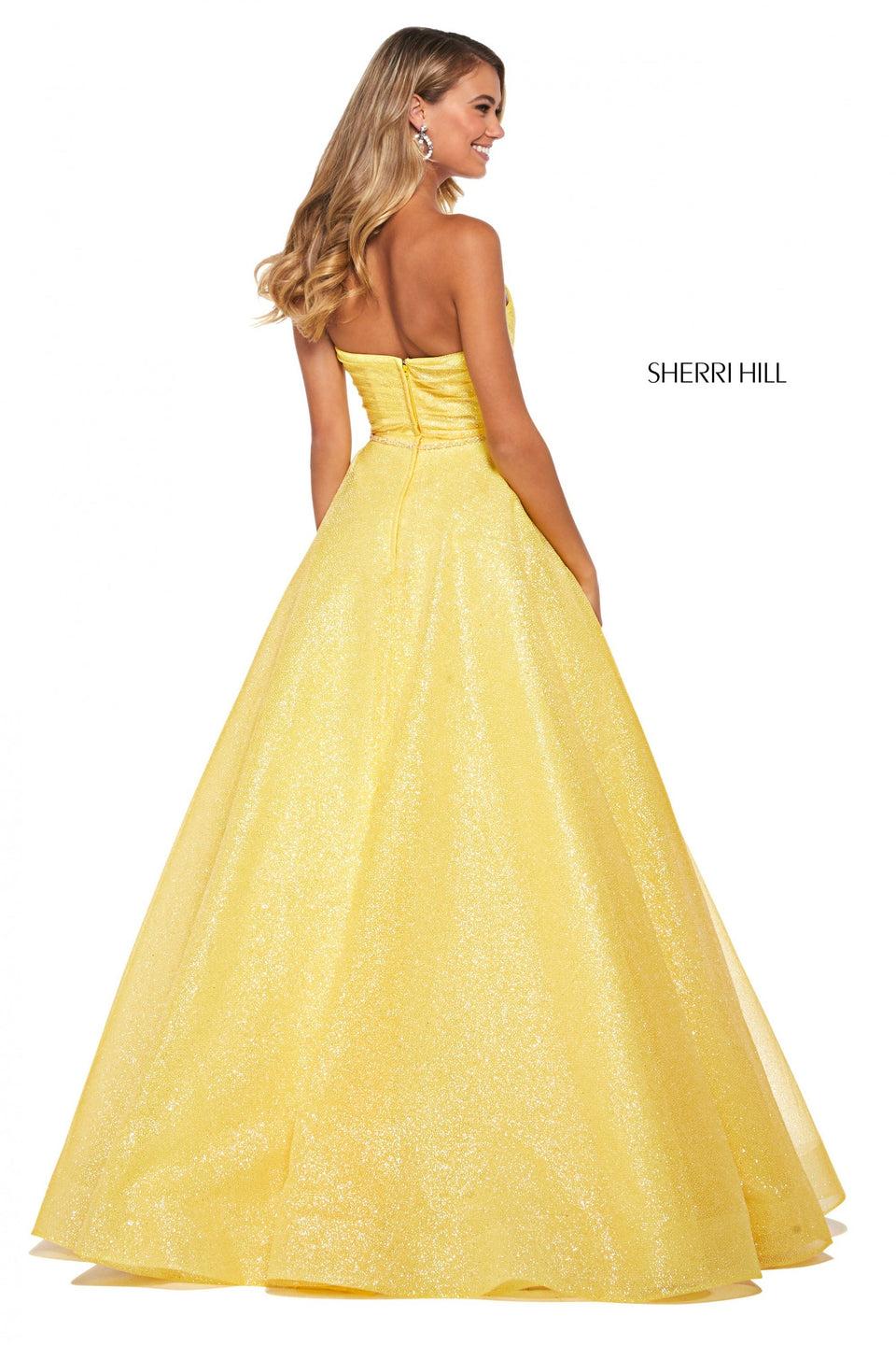 Sherri Hill Glitter Organza Ball Gown With Ruched Bodice With Strapless Sweetheart Neckline And Thin Beaded Belt