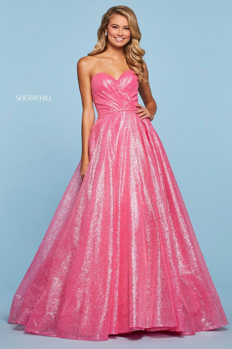 sherri hill Glitter organza ball gown with ruched bodice with strapless sweetheart neckline and thin beaded belt