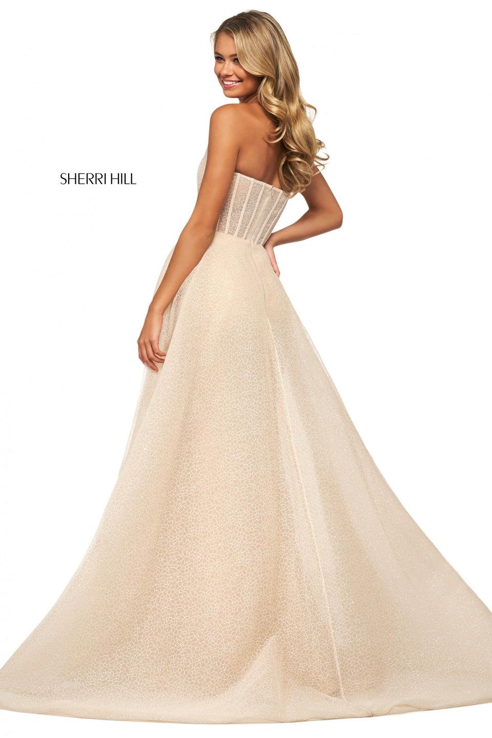 Sherri Hill Glitter Scale Print Organza A-line Gown With Sheer Boned Bodice With Bust Padding And Strapless Neckline