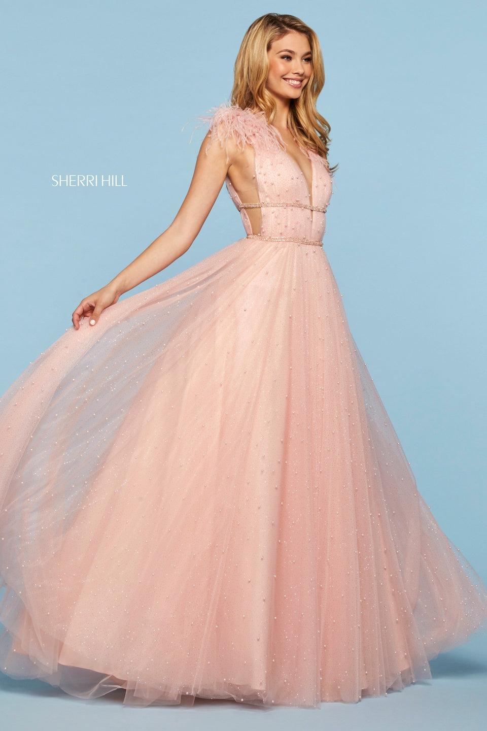 Sherri Hill Glitter Tulle A-line Dress With Pearl Beading Deep V Neckline Thin Beaded Waistbands And Feathers On Shoulders