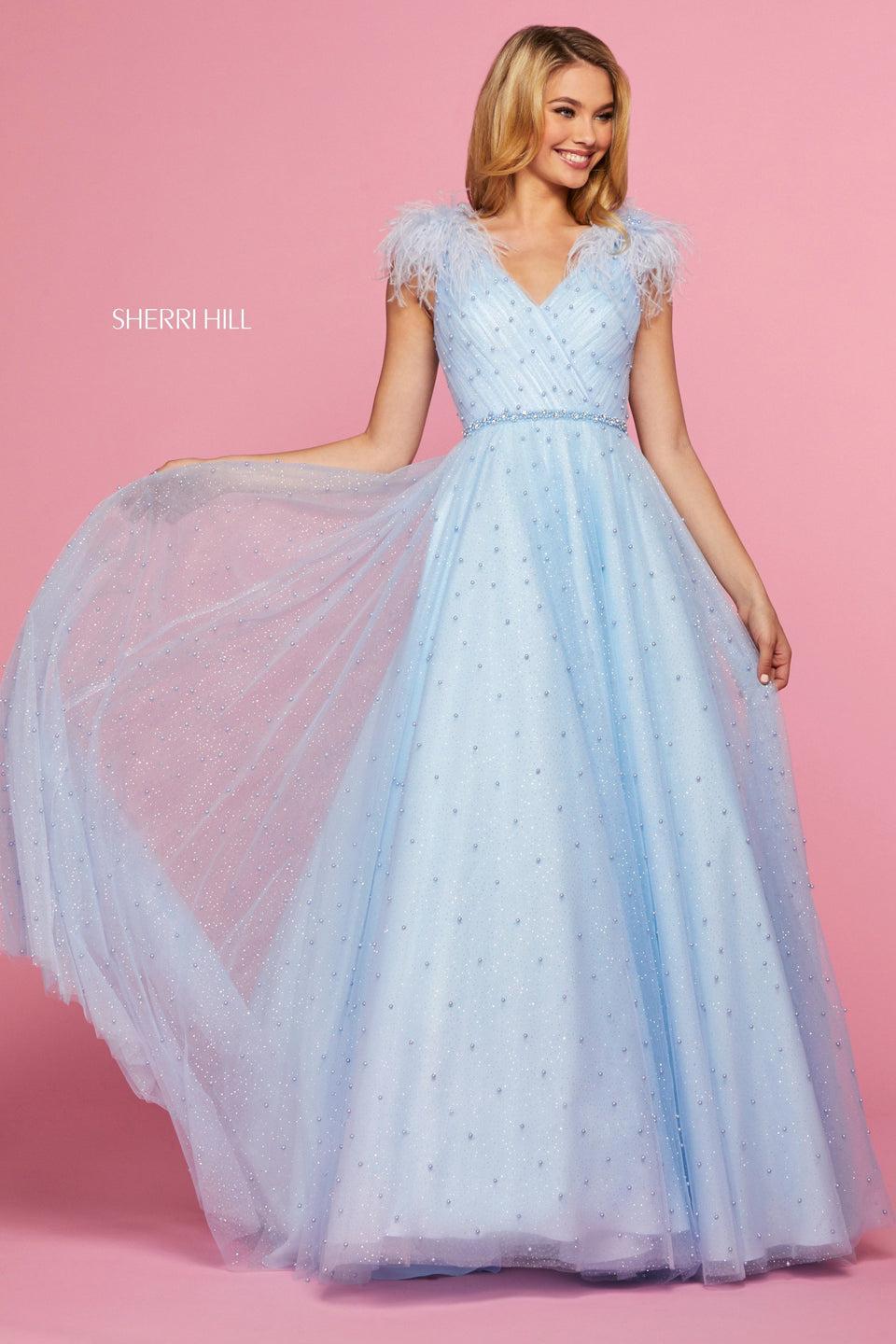 sherri hill Glitter tulle A-line with pearl embellishments beaded belt and feather cap sleeves