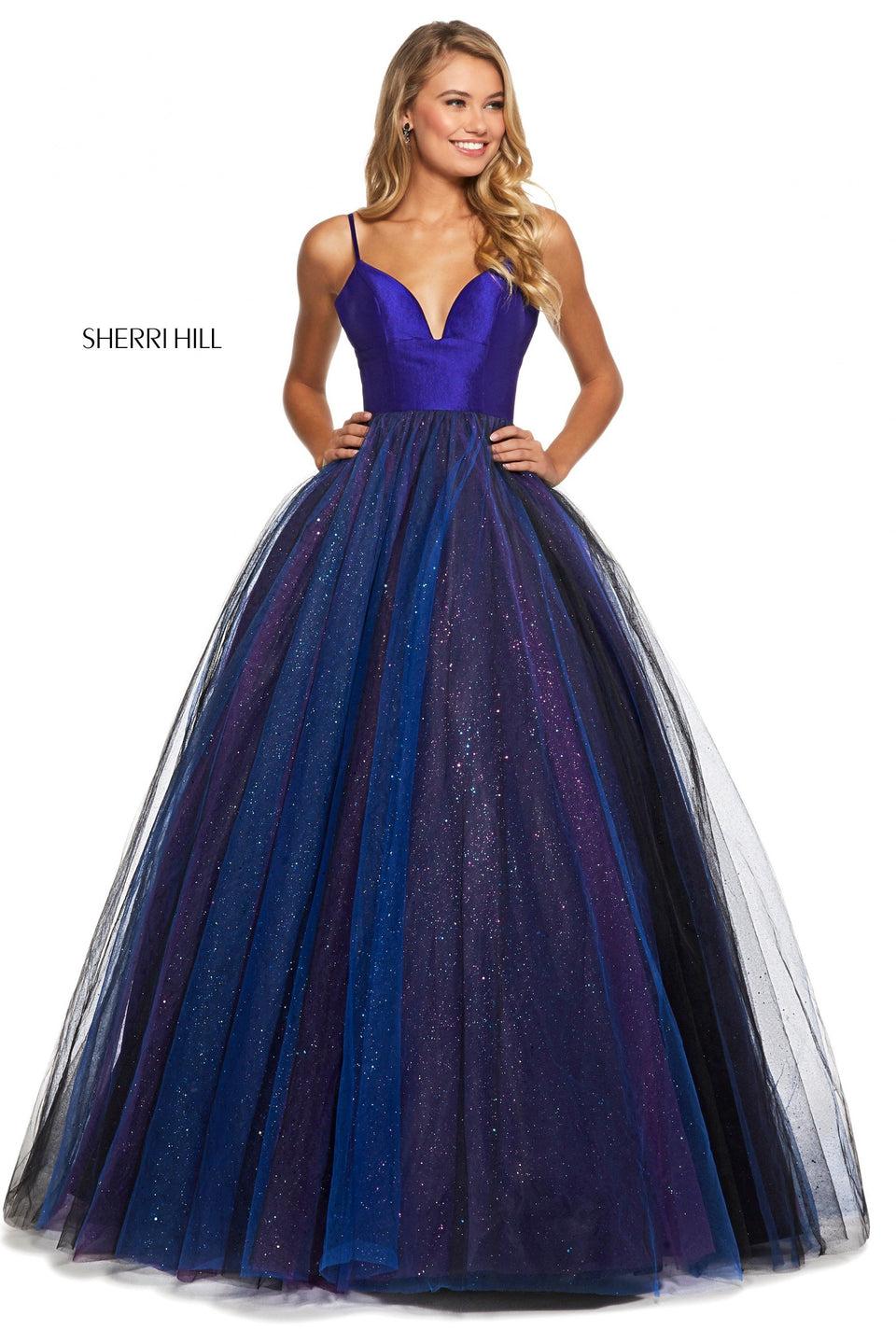Sherri Hill Glitter Tulle Ball Gown With A Taffeta Bodice With Deep Neckline And Corset Style Lace Up Back