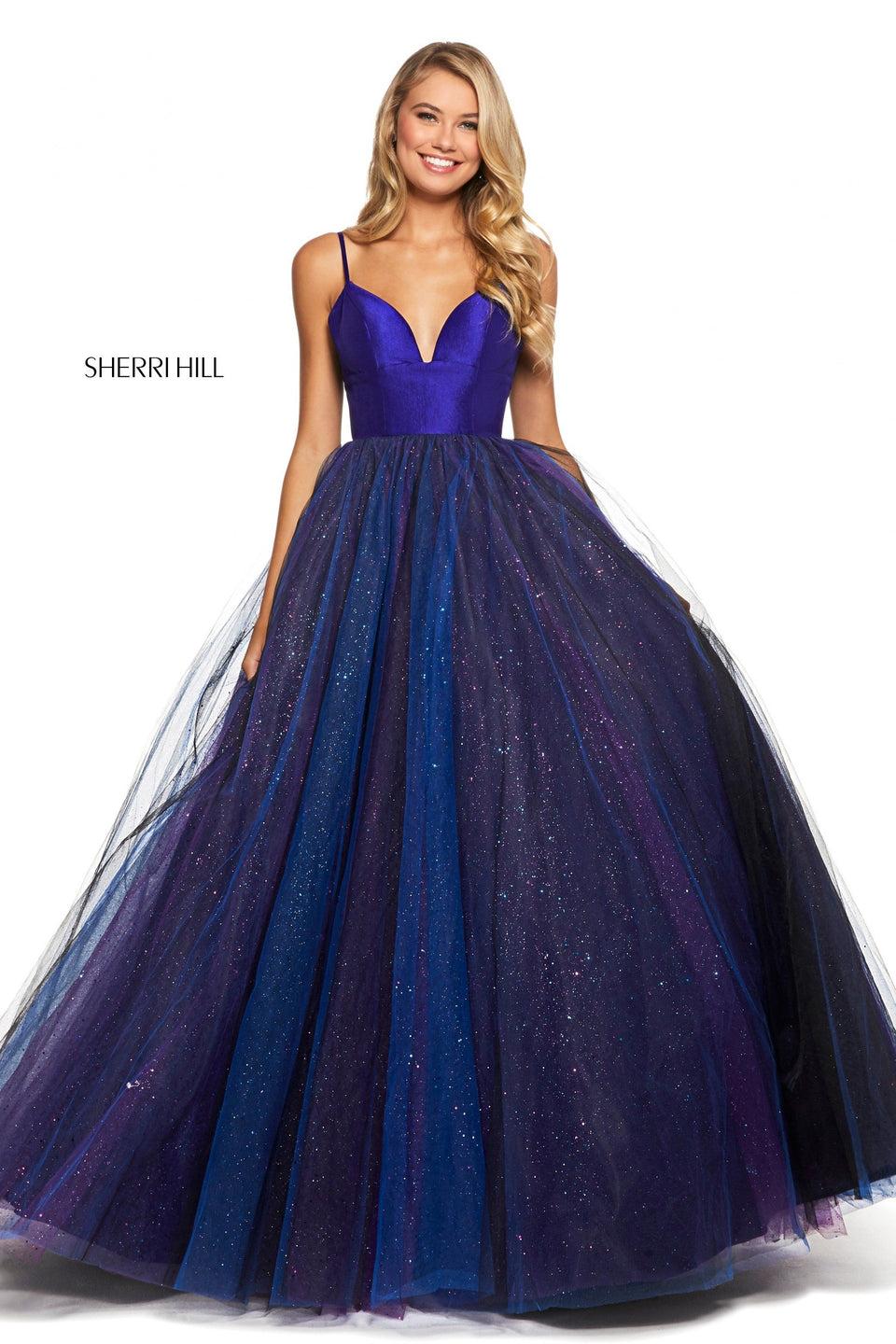 sherri hill Glitter tulle ball gown with a taffeta bodice with deep neckline and corset style lace up back