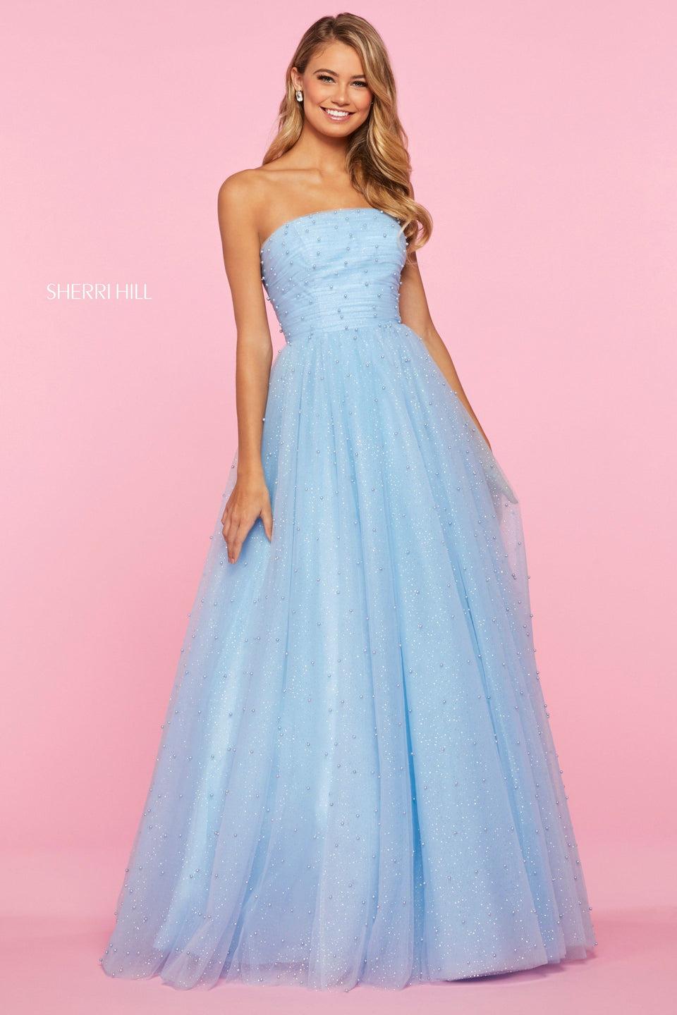 sherri hill Glitter tulle ball gown with ruched strapless bodice corset style lace up back and pearl embellishements