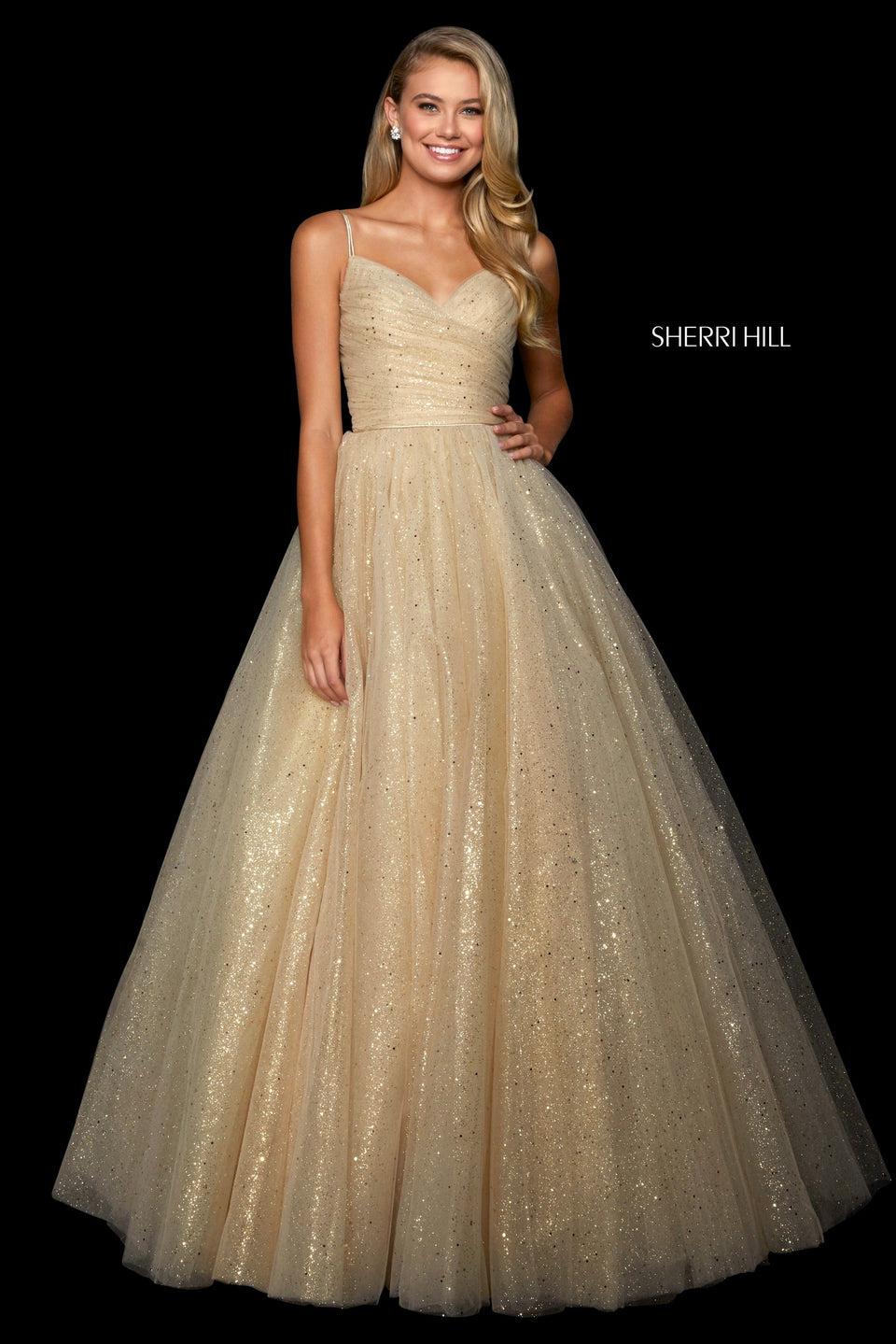 Sherri Hill Glitter Tulle Ball Gown With Ruched Wrap Bodice With V Neckline And Lace Up Back