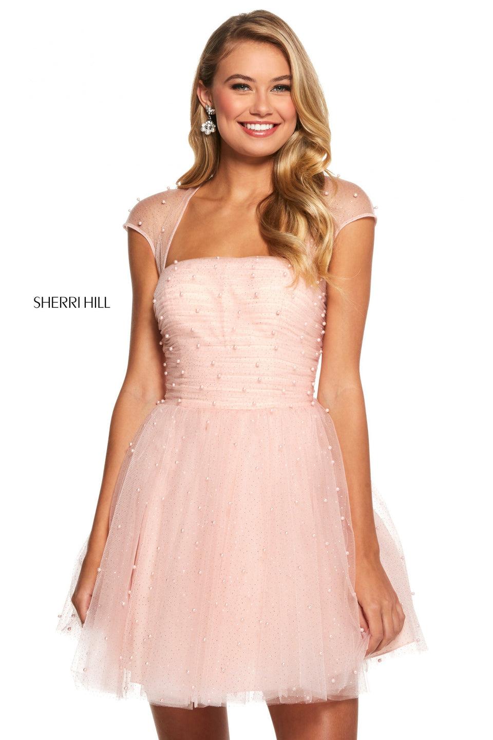 Sherri Hill Glitter Tulle Cocktail Dress With Cap Sleeves Pearl Beading And Open Back