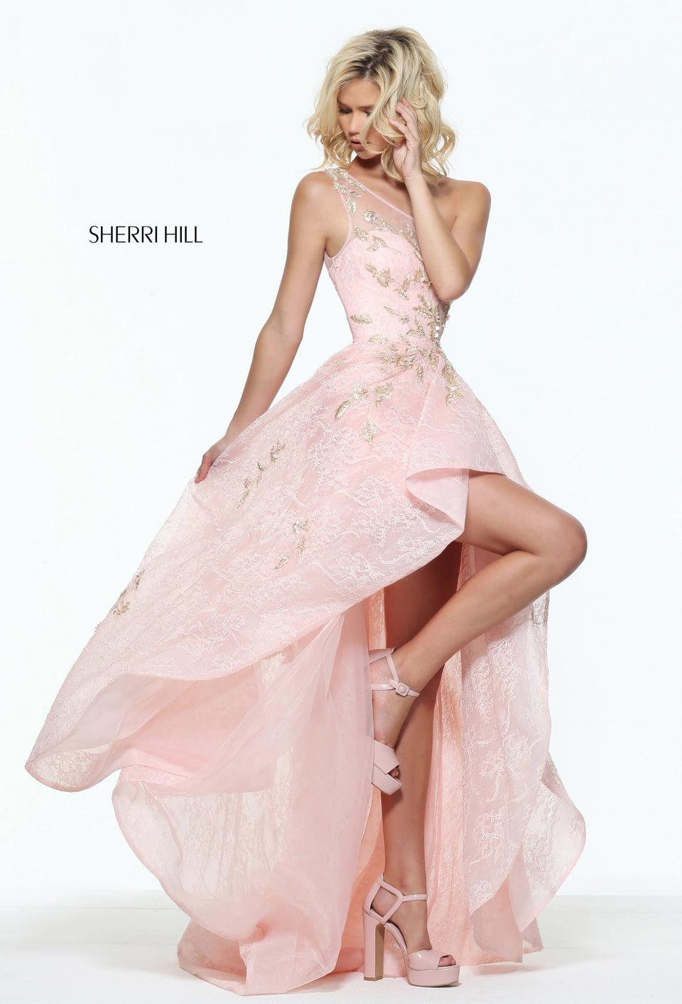 Sherri Hill Gold Leaf Embroidered One Shoulder High-low Dress